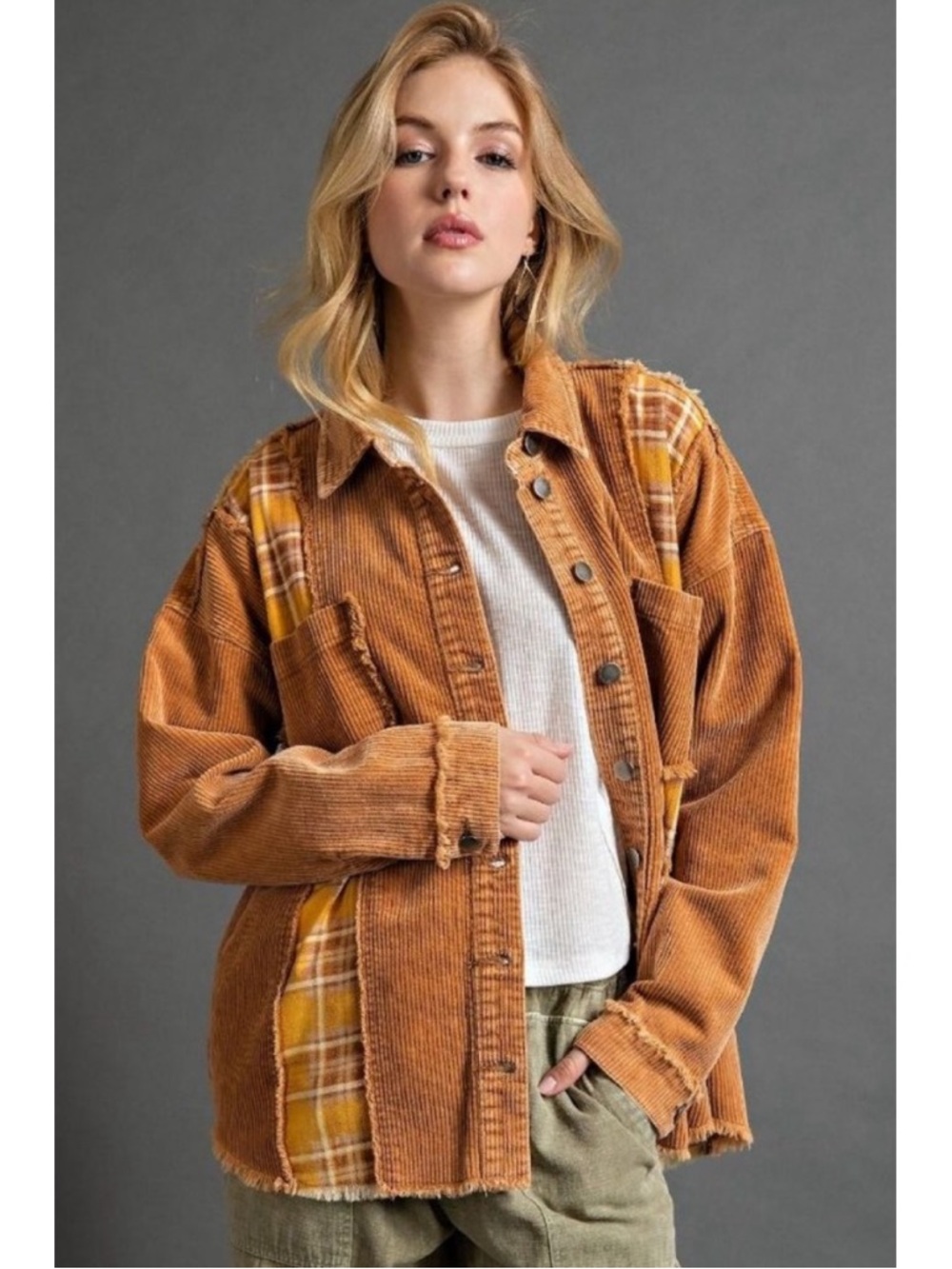 Easel Camel Washed Plaid Print Corduroy Button Down Front Loose Fit Shirt Jacket